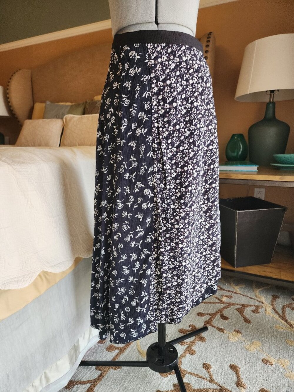 Rag & Bone Mixed Floral Asymmetrical Wrap Midi Skirt Paneled Black White 0